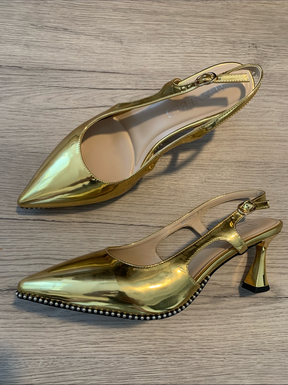 TNTNFBEB Gold Metallic Pointed Slingback Heels